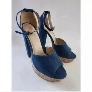 Nicole Miller Samantha Blue Denim Ankle Strap Open Toe Platform Shoes Size 9